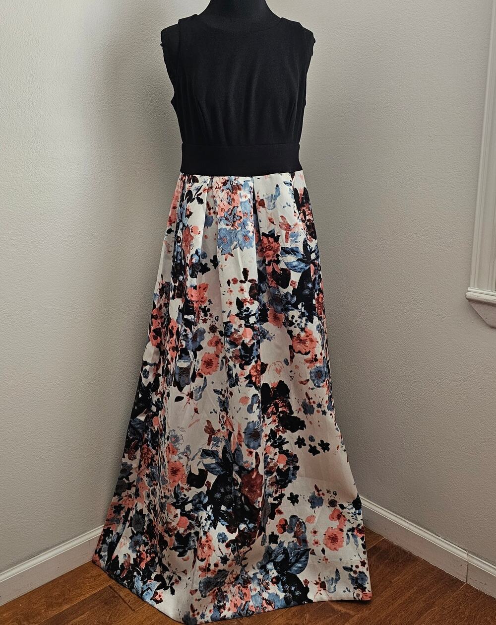 EUC R & M Collection Satin Abstract Floral Skirt Party Maxi Dress w/Pockets 6
